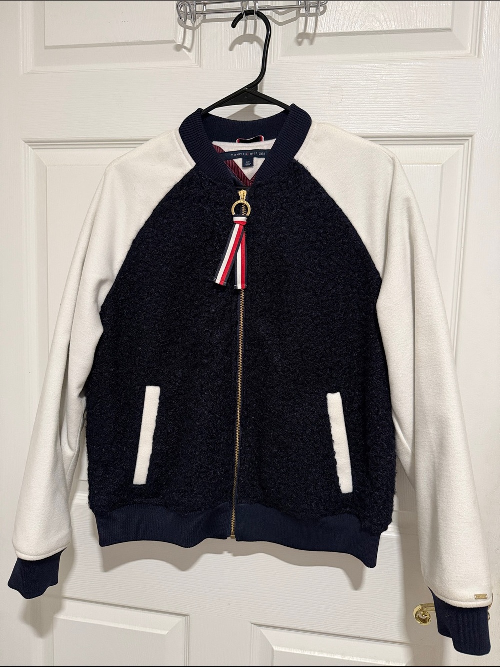 Tommy Hilfiger Navy and White Textured Bomber Jacket with Ribbon Pull